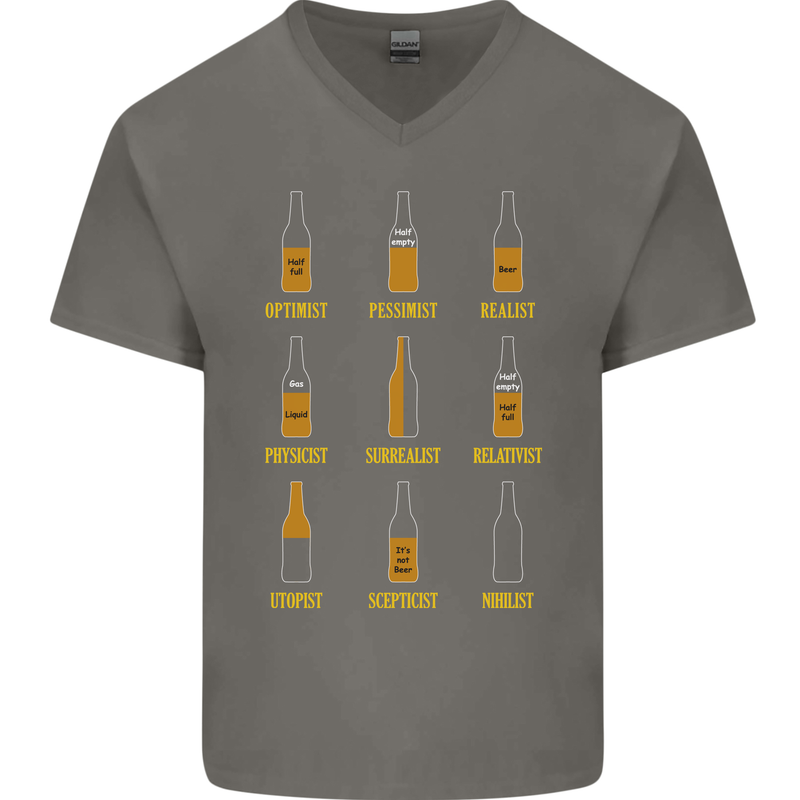 Optimism Pessimism Beer Alcohol Funny Mens V-Neck Cotton T-Shirt Charcoal