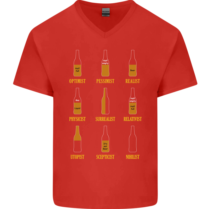 Optimism Pessimism Beer Alcohol Funny Mens V-Neck Cotton T-Shirt Red