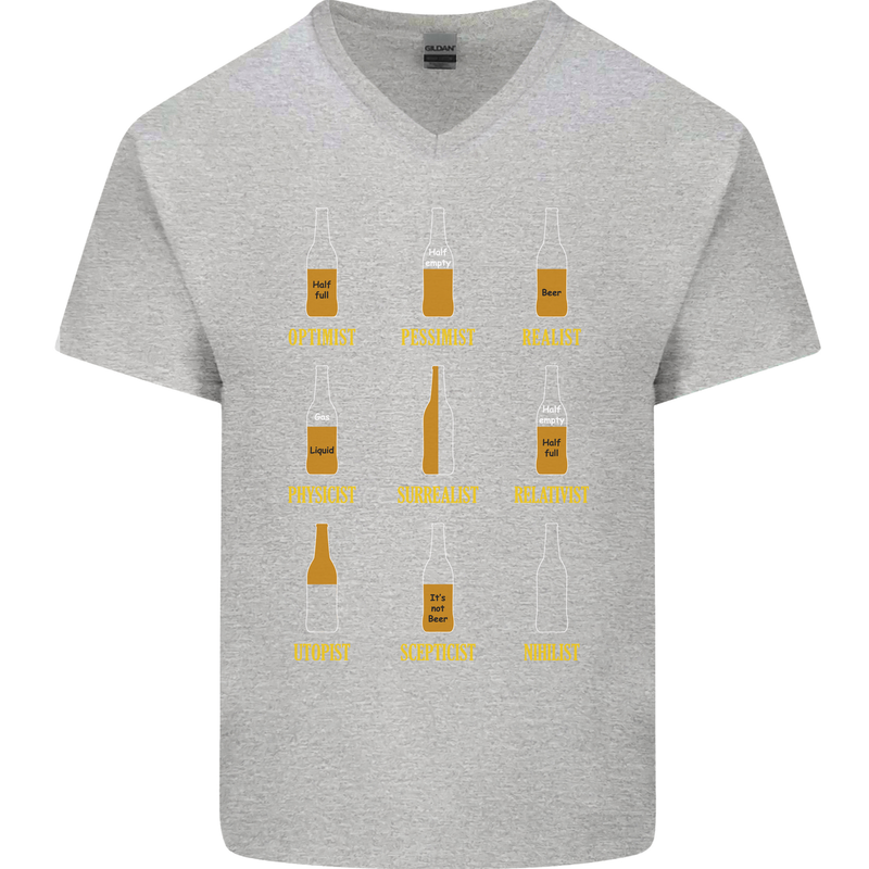 Optimism Pessimism Beer Alcohol Funny Mens V-Neck Cotton T-Shirt Sports Grey
