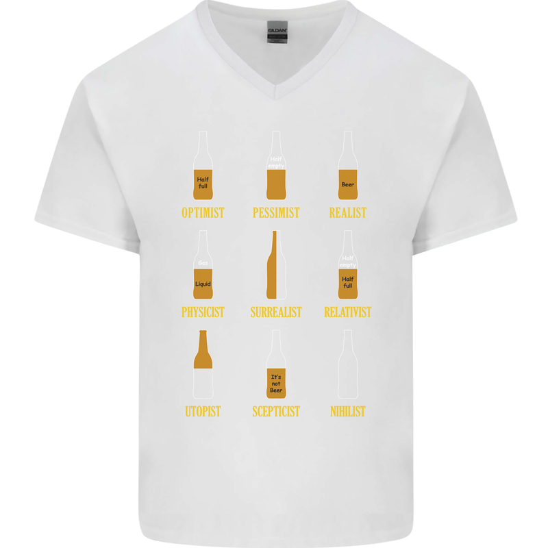 Optimism Pessimism Beer Alcohol Funny Mens V-Neck Cotton T-Shirt White