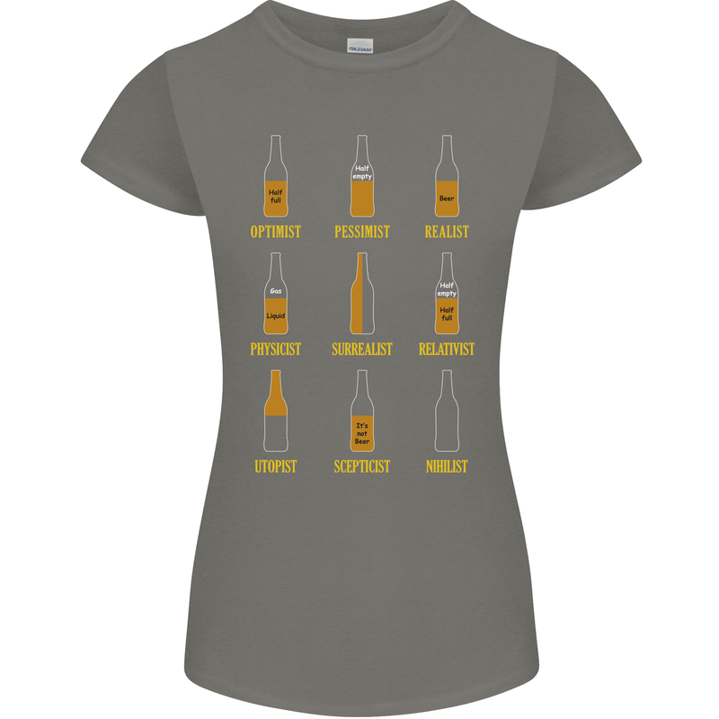 Optimism Pessimism Beer Alcohol Funny Womens Petite Cut T-Shirt Charcoal