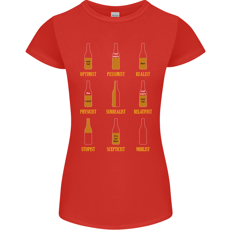 Optimism Pessimism Beer Alcohol Funny Womens Petite Cut T-Shirt Red