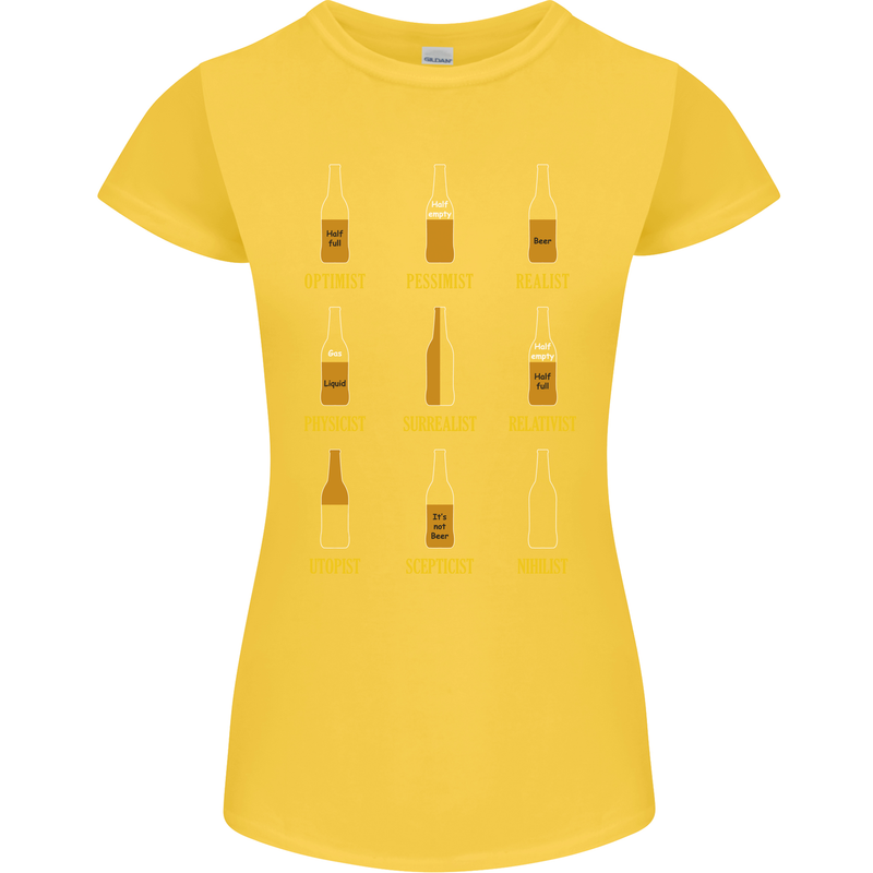 Optimism Pessimism Beer Alcohol Funny Womens Petite Cut T-Shirt Yellow