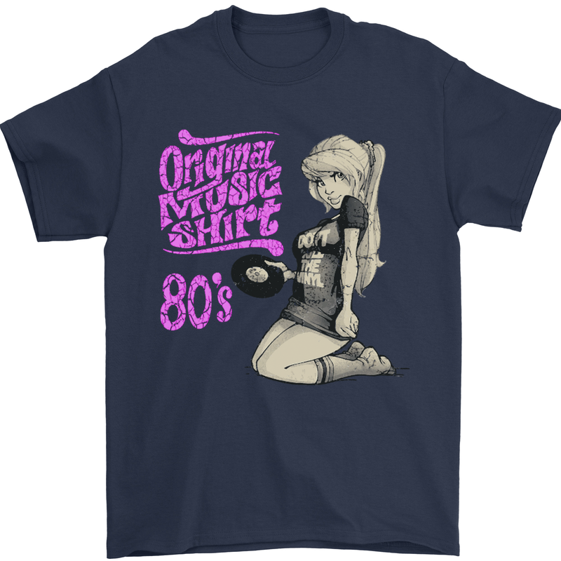 Original Music Shirt DJ Vinyl Turntable Mens T-Shirt Cotton Gildan Navy Blue