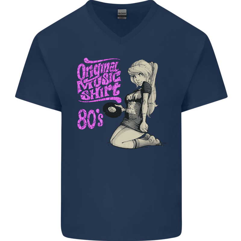Original Music Shirt DJ Vinyl Turntable Mens V-Neck Cotton T-Shirt Navy Blue