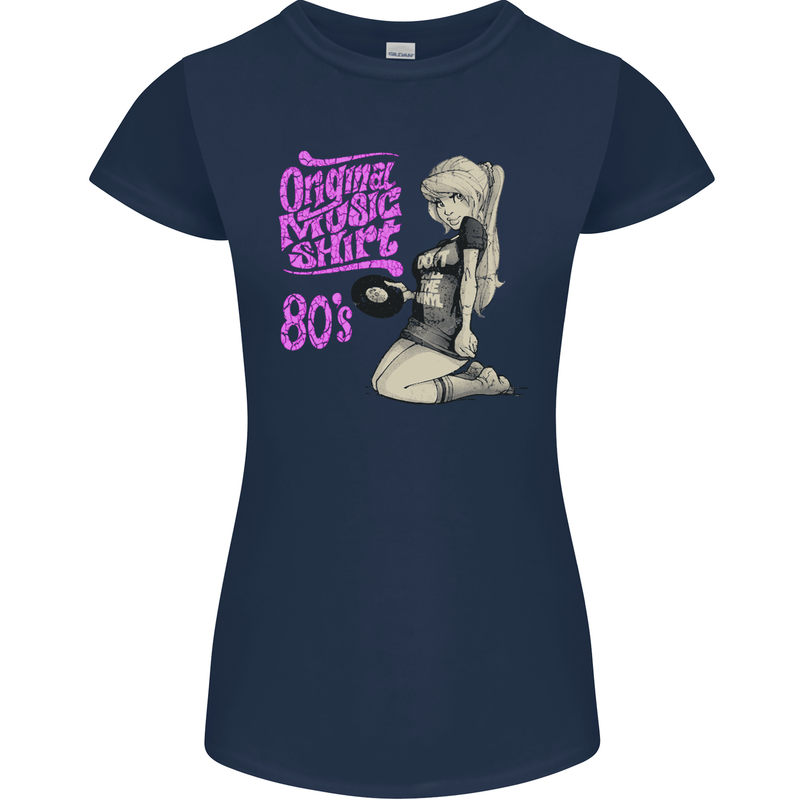 Original Music Shirt DJ Vinyl Turntable Womens Petite Cut T-Shirt Navy Blue