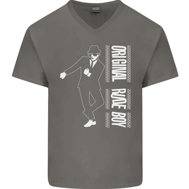 Original Rude Boy 2Tone 2 Tone SKA Mens V-Neck Cotton T-Shirt Charcoal