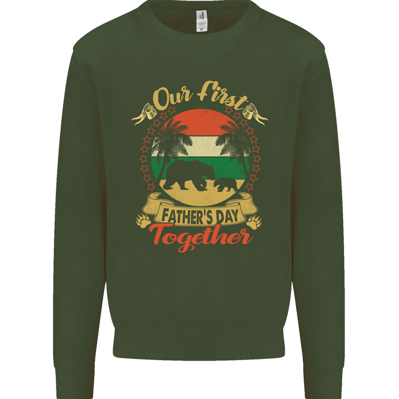 Our First Fathers Day Funny Bear Cub Mens Sweatshirt Jumper Forest Green