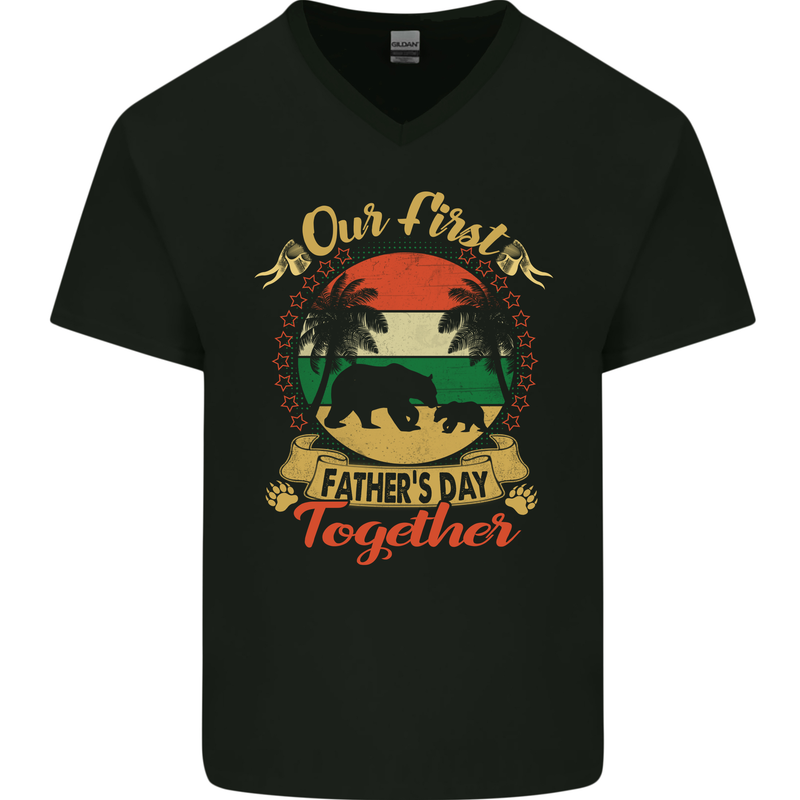 Our First Fathers Day Funny Bear Cub Mens V-Neck Cotton T-Shirt Black