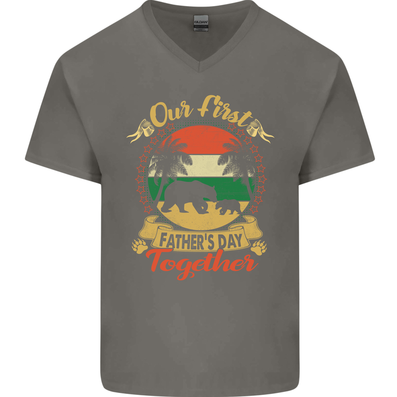 Our First Fathers Day Funny Bear Cub Mens V-Neck Cotton T-Shirt Charcoal