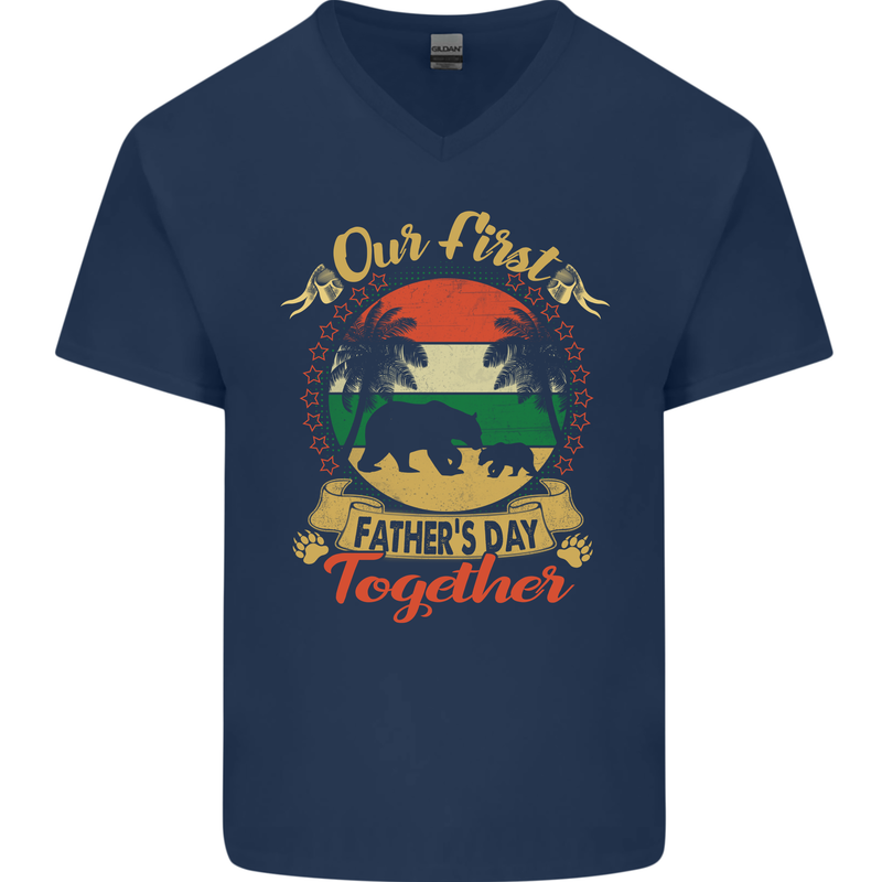 Our First Fathers Day Funny Bear Cub Mens V-Neck Cotton T-Shirt Navy Blue