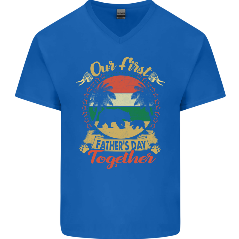 Our First Fathers Day Funny Bear Cub Mens V-Neck Cotton T-Shirt Royal Blue