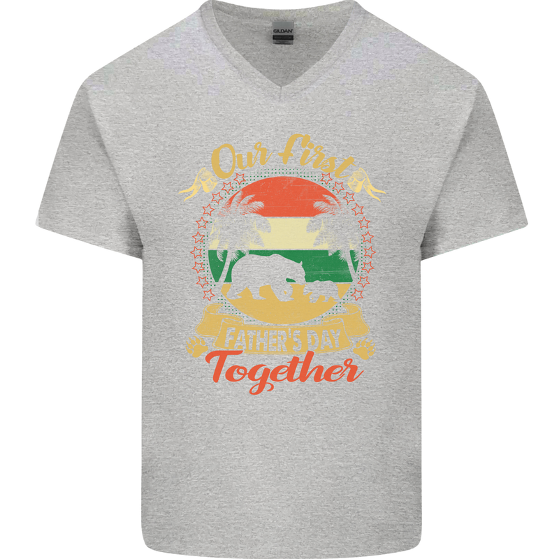 Our First Fathers Day Funny Bear Cub Mens V-Neck Cotton T-Shirt Sports Grey