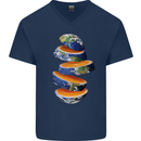 Our Orange Planet Earth Mens V-Neck Cotton T-Shirt Navy Blue