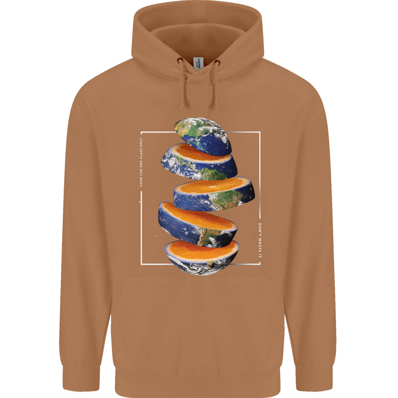 Our Orange Planet Earth One Glass Only Mens 80% Cotton Hoodie Caramel Latte