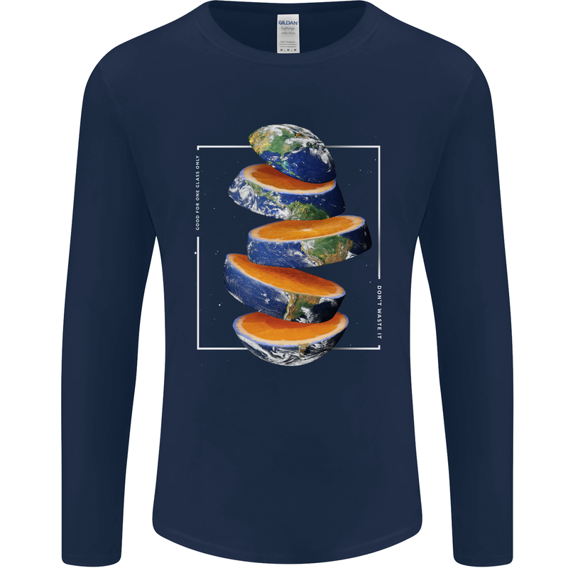 Our Orange Planet Earth One Glass Only Mens Long Sleeve T-Shirt Navy Blue