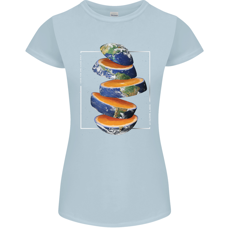 Our Orange Planet Earth One Glass Only Womens Petite Cut T-Shirt Light Blue
