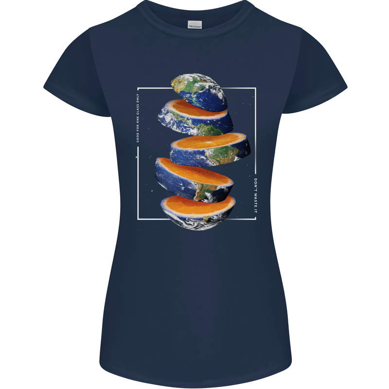 Our Orange Planet Earth One Glass Only Womens Petite Cut T-Shirt Navy Blue