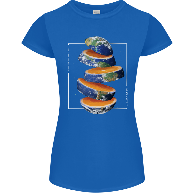 Our Orange Planet Earth One Glass Only Womens Petite Cut T-Shirt Royal Blue