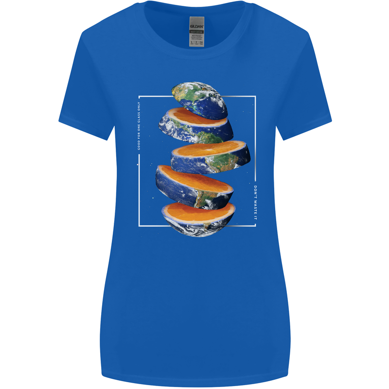 Our Orange Planet Earth One Glass Only Womens Wider Cut T-Shirt Royal Blue