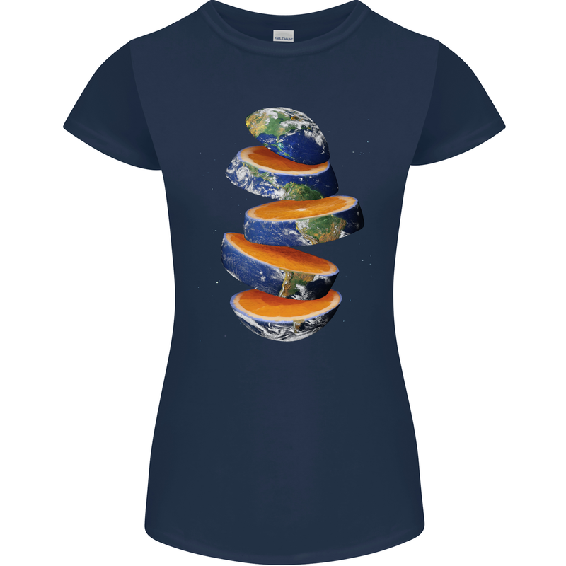 Our Orange Planet Earth Womens Petite Cut T-Shirt Navy Blue