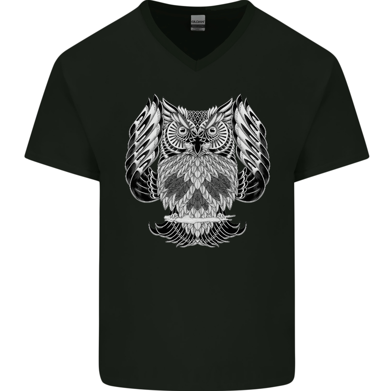 Owl Skull Ornathology Mens V-Neck Cotton T-Shirt Black