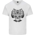 Owl Skull Ornathology Mens V-Neck Cotton T-Shirt White