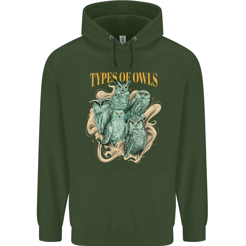 Owls Species Childrens Kids Hoodie Forest Green