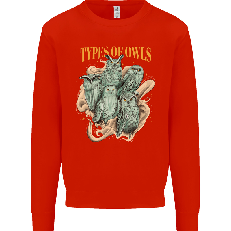Owls Species Kids Sweatshirt Jumper Bright Red