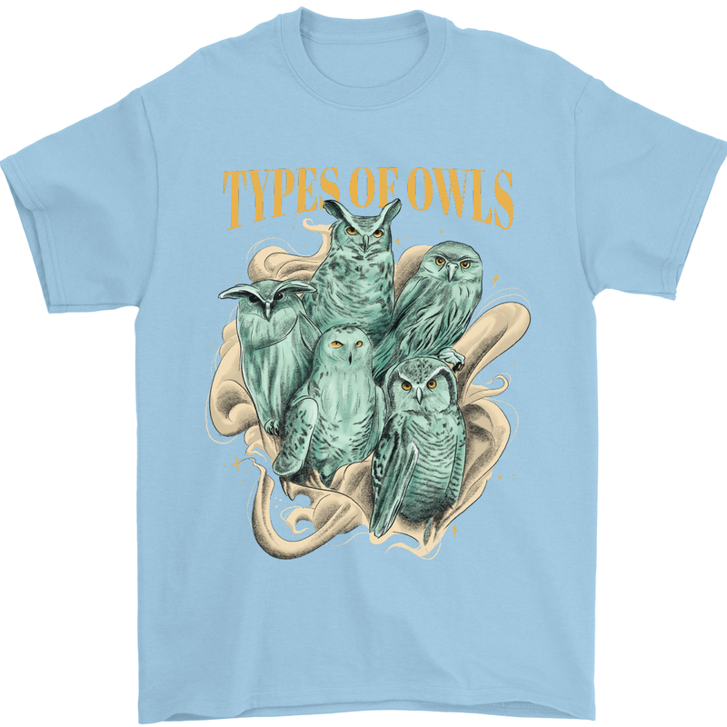 Owls Species Mens T-Shirt 100% Cotton Light Blue