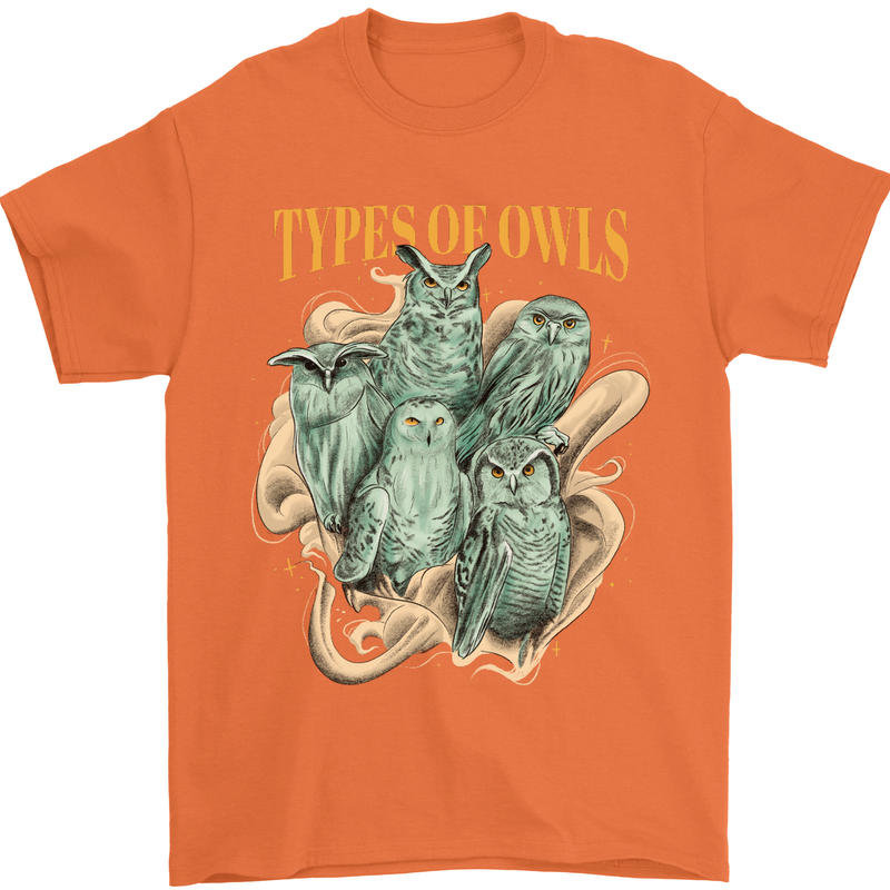 Owls Species Mens T-Shirt 100% Cotton Orange