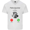 Pablo Escobar El Patron Is Calling Mens V-Neck Cotton T-Shirt White