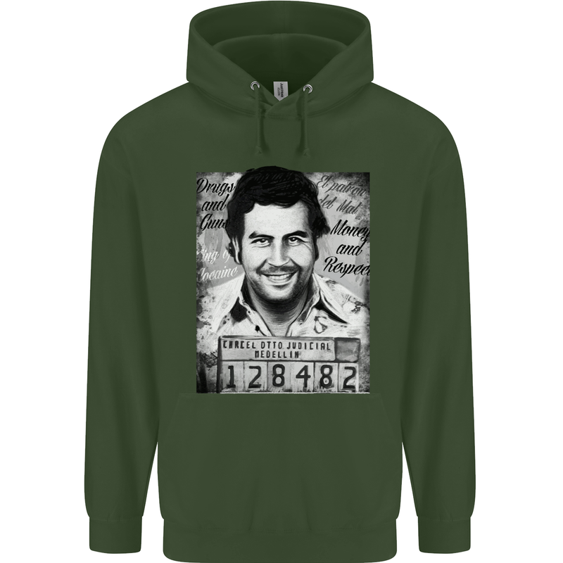 Pablo Escobar Mug Shot Mens 80% Cotton Hoodie Forest Green