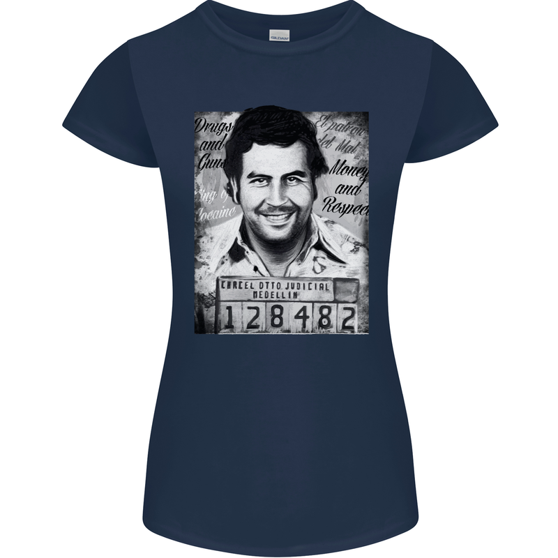 Pablo Escobar Mug Shot Womens Petite Cut T-Shirt Navy Blue