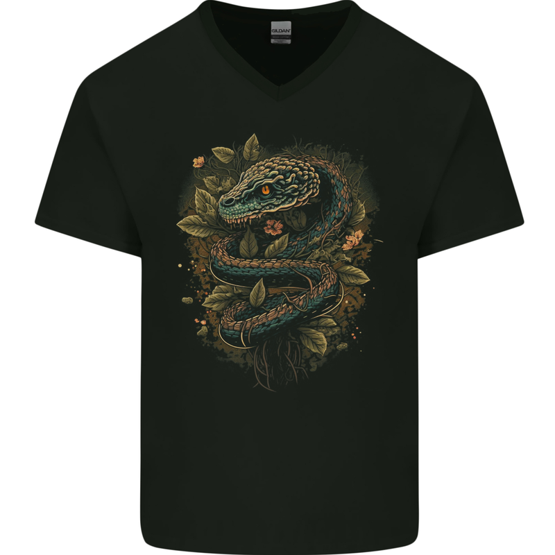 Pagan Snake in a Gothic Tree Mens V-Neck Cotton T-Shirt Black