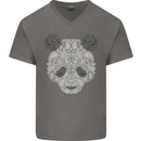 Paisly Panda Bear Mens V-Neck Cotton T-Shirt Charcoal