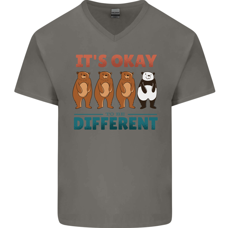 Panda Bear LGBT It's Okay to Be Different Mens V-Neck Cotton T-Shirt Charcoal