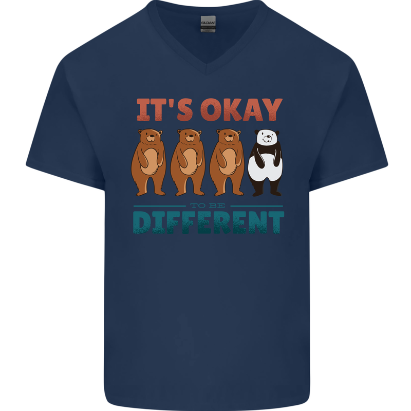 Panda Bear LGBT It's Okay to Be Different Mens V-Neck Cotton T-Shirt Navy Blue