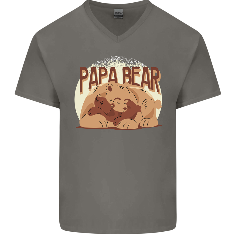 Papa Bear Funny Fathers Day Mens V-Neck Cotton T-Shirt Charcoal