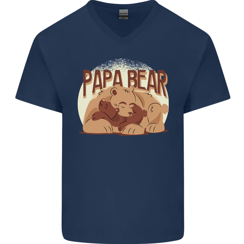Papa Bear Funny Fathers Day Mens V-Neck Cotton T-Shirt Navy Blue