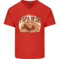 Papa Bear Funny Fathers Day Mens V-Neck Cotton T-Shirt Red