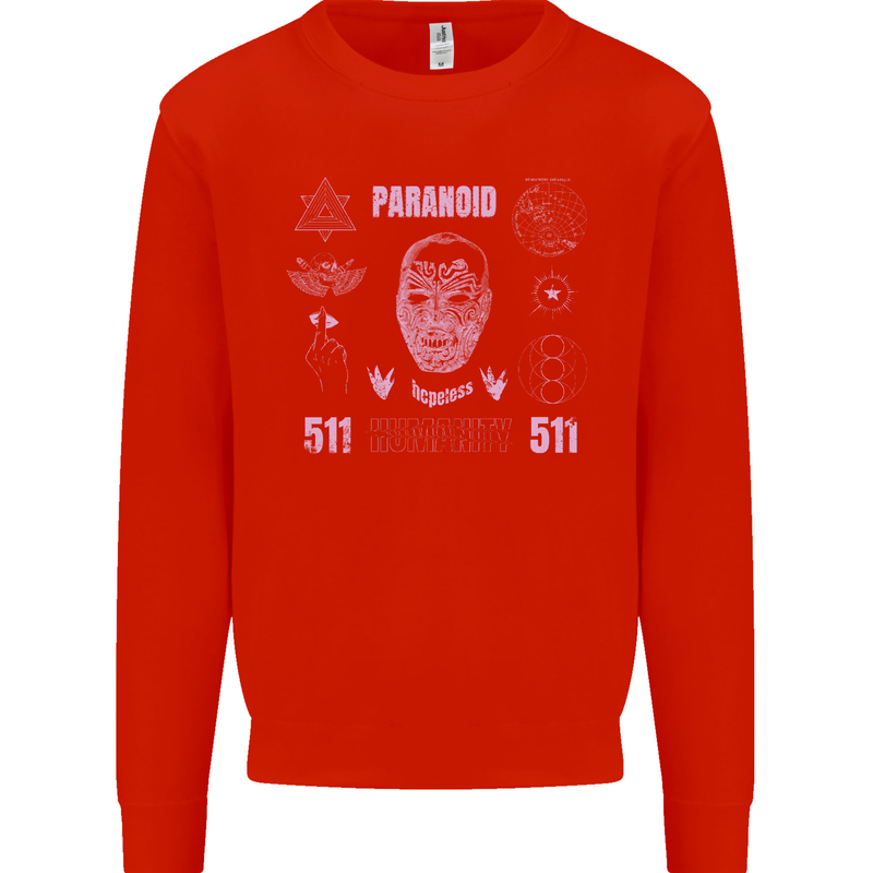Paranoid Conspiracy Skull Kids Sweatshirt Jumper Bright Red