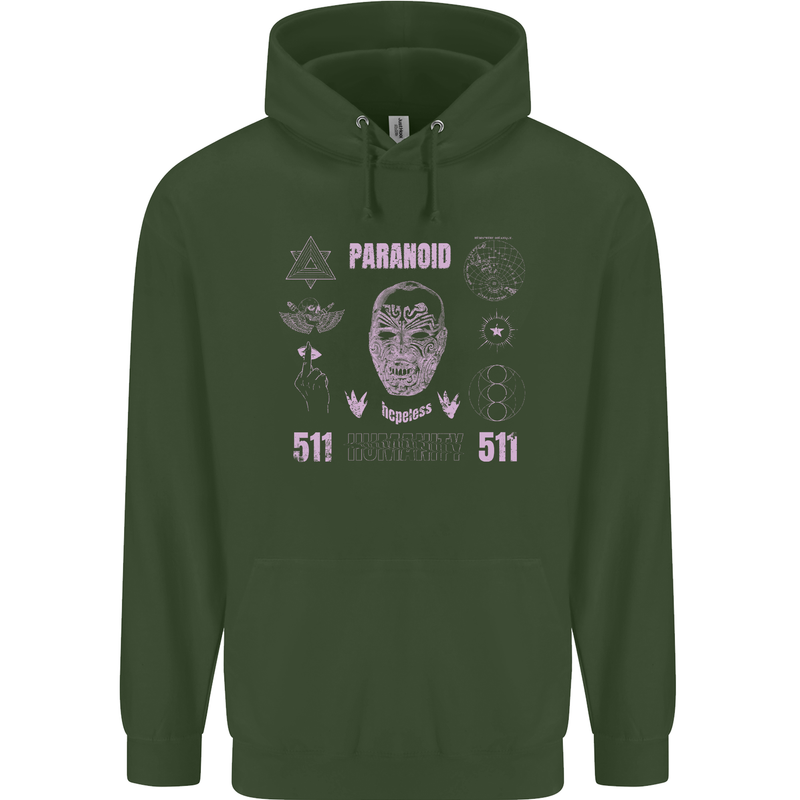 Paranoid Conspiracy Skull Mens 80% Cotton Hoodie Forest Green