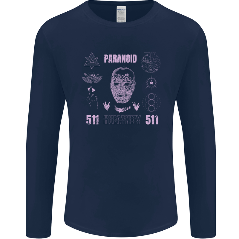 Paranoid Conspiracy Skull Mens Long Sleeve T-Shirt Navy Blue