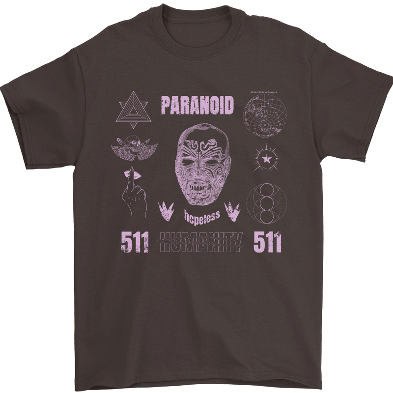 Paranoid Conspiracy Skull Mens T-Shirt Cotton Gildan Dark Chocolate