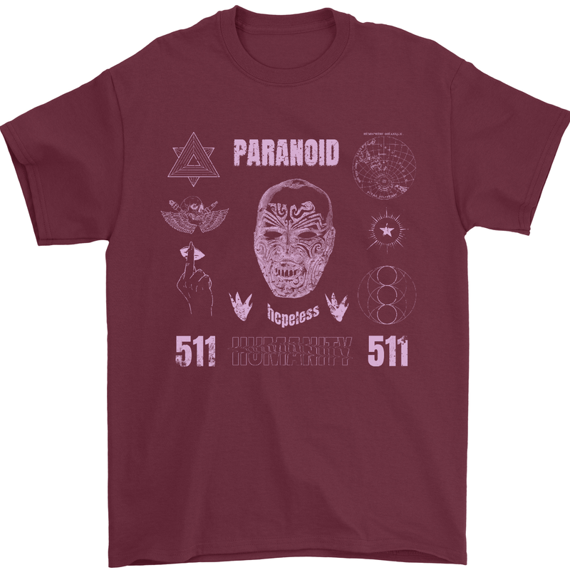 Paranoid Conspiracy Skull Mens T-Shirt Cotton Gildan Maroon