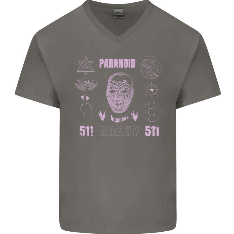 Paranoid Conspiracy Skull Mens V-Neck Cotton T-Shirt Charcoal