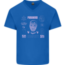 Paranoid Conspiracy Skull Mens V-Neck Cotton T-Shirt Royal Blue