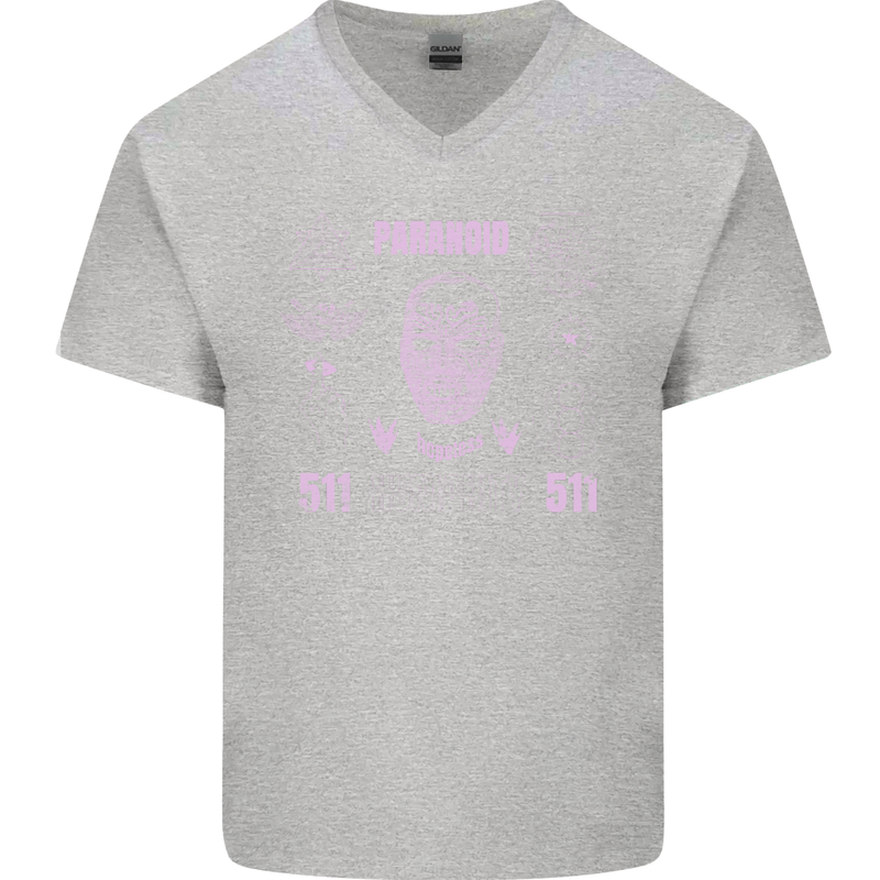 Paranoid Conspiracy Skull Mens V-Neck Cotton T-Shirt Sports Grey