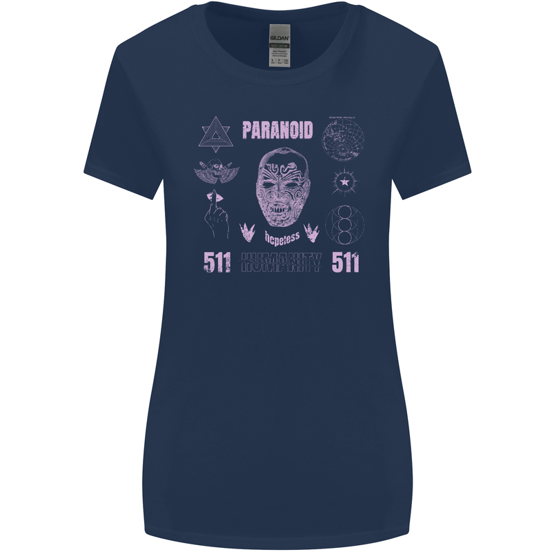Paranoid Conspiracy Skull Womens Wider Cut T-Shirt Navy Blue
